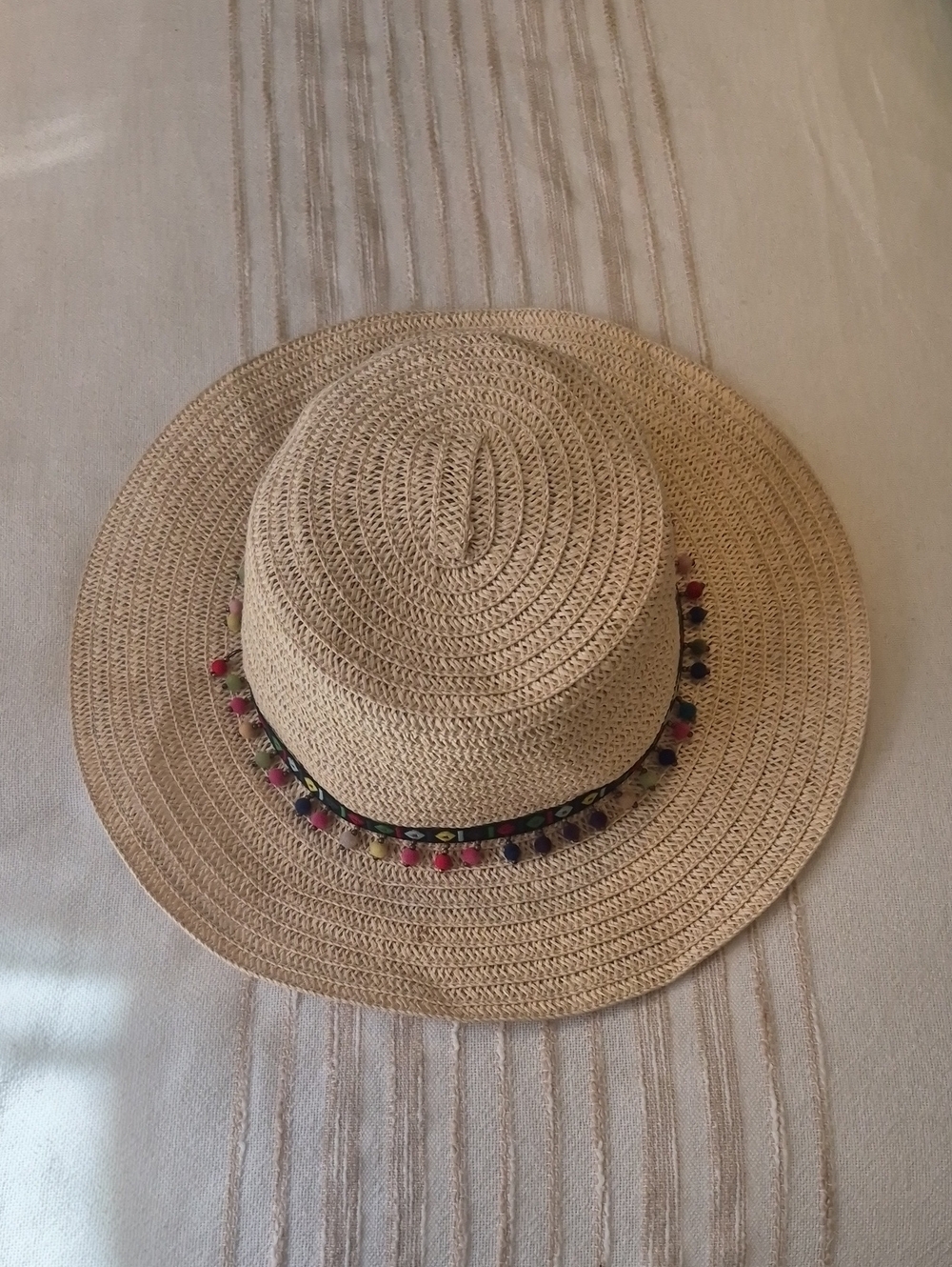 Caslon Beige Straw Sun Hat with Multicolor Pom Trim